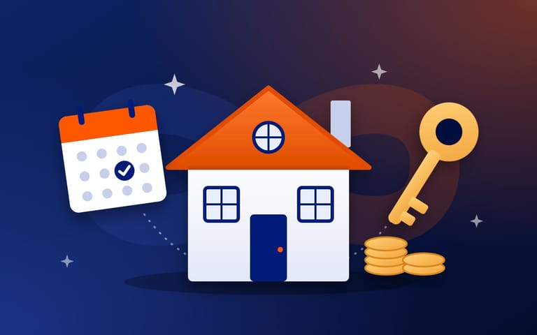 Ilustração de uma casa entre um calendário e uma chave, com moedas, sobre fundo azul